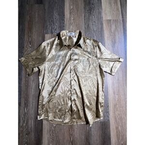 Vatpave Button Down Shirt Mens Large Gold Excellent Satin Floral Jacquard Short